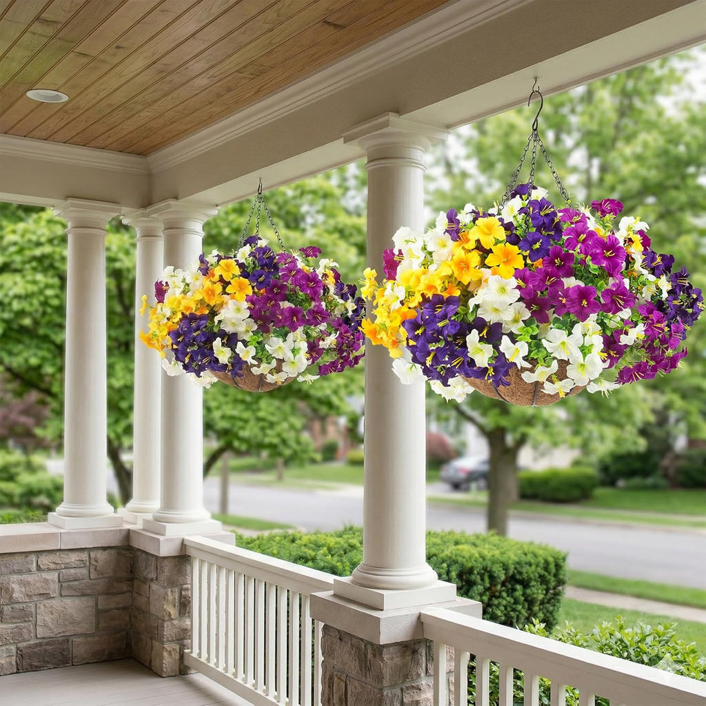 2 Set Artificial Outdoor Flowers with Hanging Baskets,24 Pcs UV Resistant Faux Petunias Flowers with Hanging Planter for Front Door Porch Spring Outside Decor (2, White,Yellow,Purple,RedViolet)