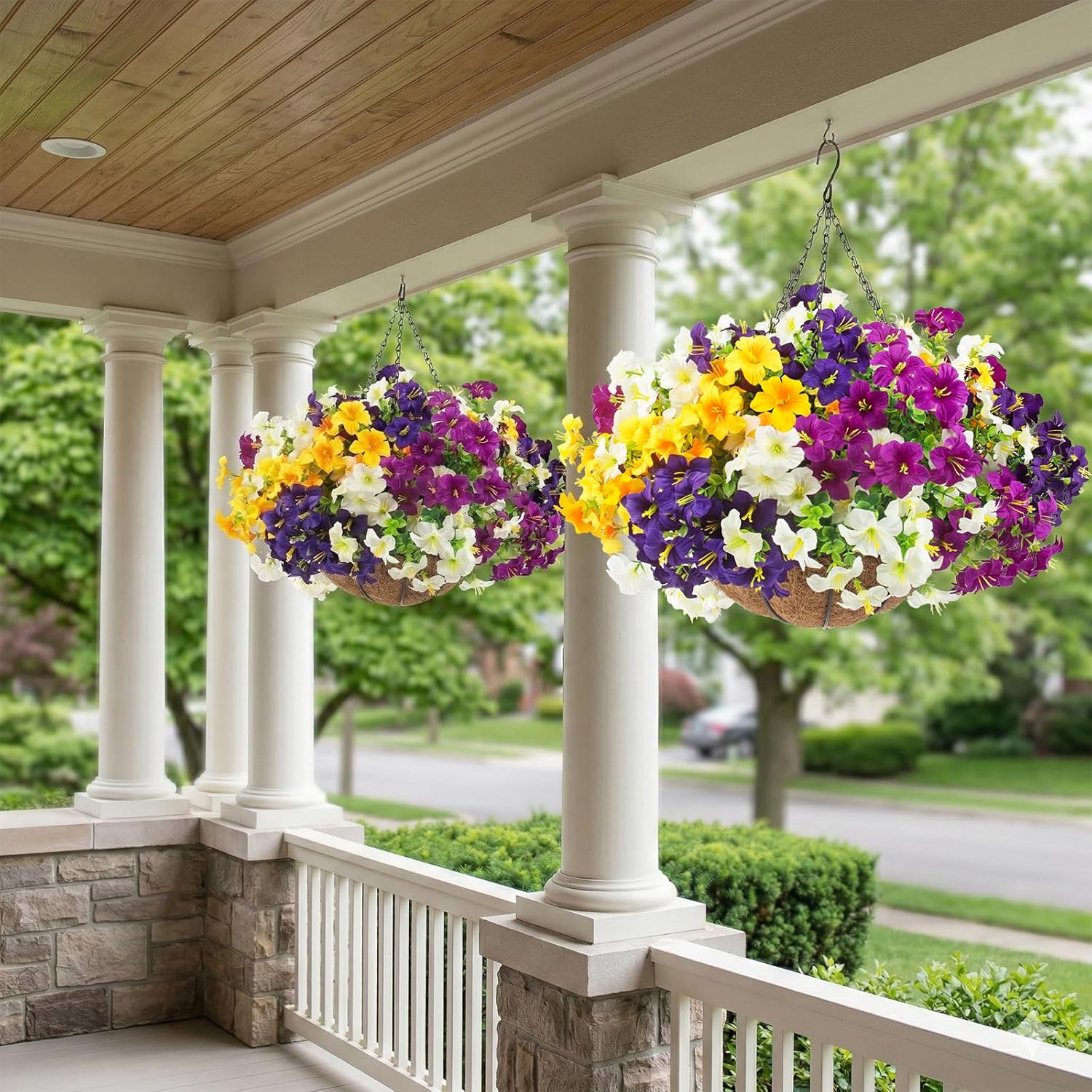 2 Set Artificial Outdoor Flowers with Hanging Baskets,24 Pcs UV Resistant Faux Petunias Flowers with Hanging Planter for Front Door Porch Spring Outside Decor (2, White,Yellow,Purple,RedViolet)