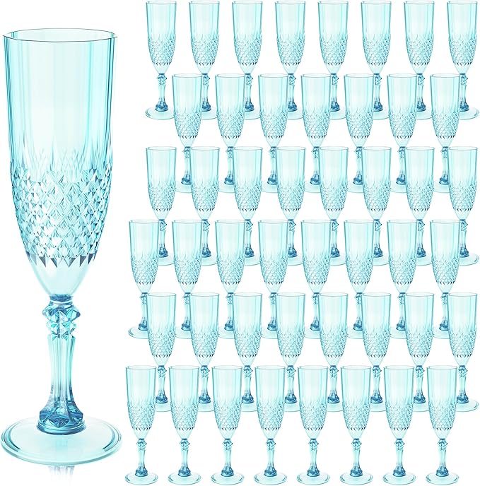 Plastic Champagne Flutes, 48PCS Light Cyan Wine Glasses Goblets Cups Reusable Flute, for Weddings Bachelor Parties Toasting and Events(48, Light Cyan)