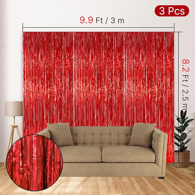 PartyWoo Red Streamers Fringe Curtain Backdrop 3 pcs 8.2 ft Tinsel Foil Backdrop for Baby Shower Graduation Birthday Girls Mothers Day Casino Firefighter Red Carpet Cherry Theme Party Decorations
