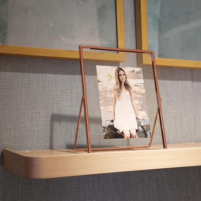 Rose Gold Floating Frame, 8"x10", Vertical, For Picture 7x9, 6x8, 5x7, Tabletop Shelf Photo Frame For Lady or Girl, Classy Gift For Anniversary, Wedding, or Birthday