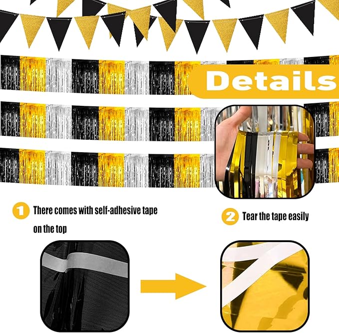 6 Pack 10 Feet Black Gold Silver Foil Fringe Garland Metallic Tinsel Streamers Banner Wall Hanging Backdrop Banner for Parade Floats, Thanksgiving, Christmas, Birthday, Halloween Party Decorations