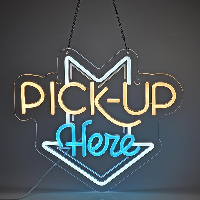 PICK-UP Here Neon Sign, Neon Lights Hanging Wall Art Decoration for Restaturant Shop Bar Market Bakeries Café Celebration Home Decor, USB Powered Ultra Bright Dimmable,14.57×12.6inches