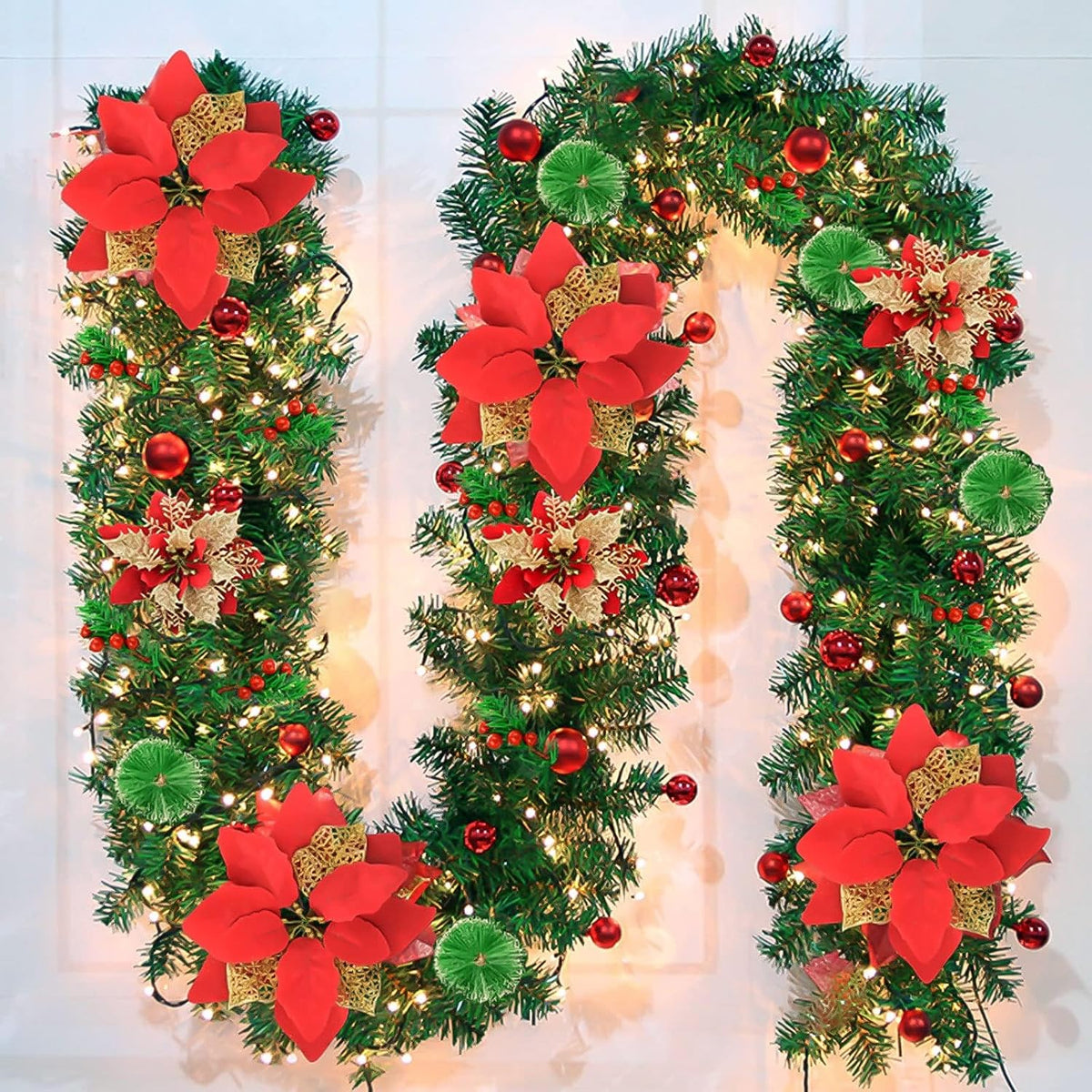 pre-lit artificial christmas garland, green rattan with red, main product view
