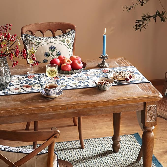 patdrea Designer Blue Cottage Rustic Floral Patterned Linen Table Runner 71 Inch Long,Wrinkle Resistant Table Mat,Decoration for Kitchen Dining and Coffee Tables Banquet Christmas , 12"x71"