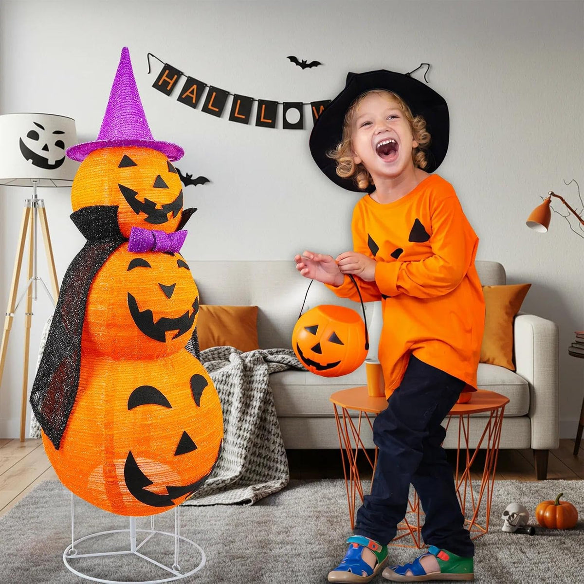 Collapsible Light up Pumpkin Halloween Decorations Outdoor, Plastic Pre-lit S...