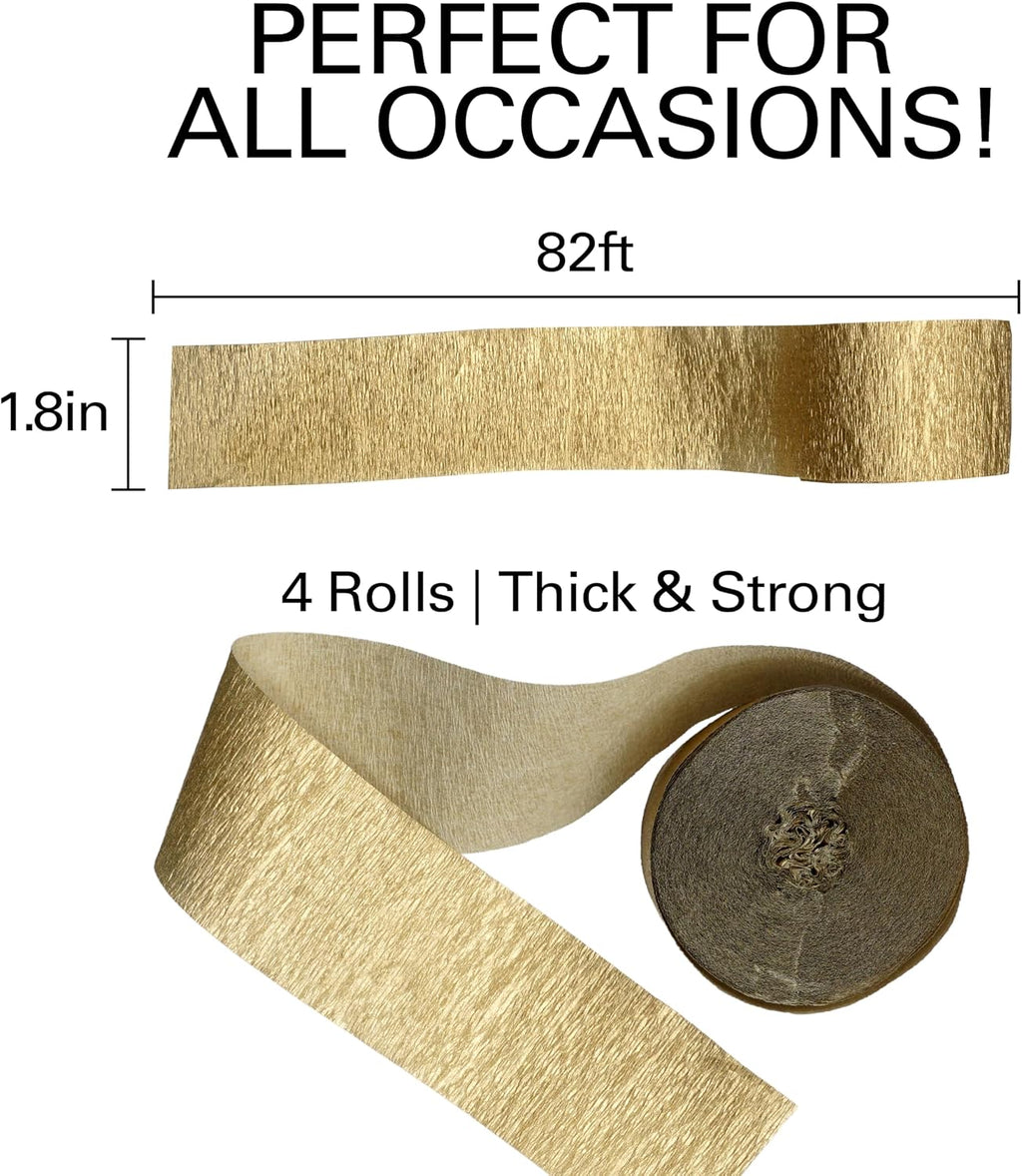 Gold Streamers 4 Rolls, 328 Ft Gold Crepe Paper, Streamer Party Decorations for Birthday, Wedding, Showers (1.8 in x 82 ft/Roll)