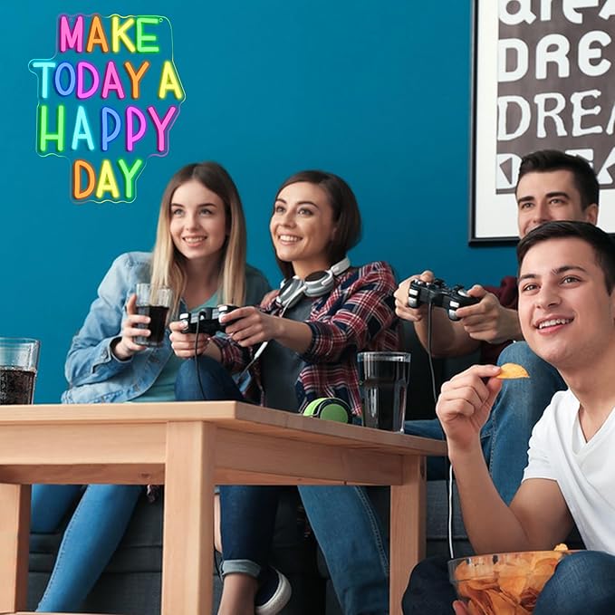 Make Today a Happy Day Neon Sign,Dimmable Positive Quote Neon Light Inspirational Letter LED Light for Wedding School Office(11.81 * 14.57In)