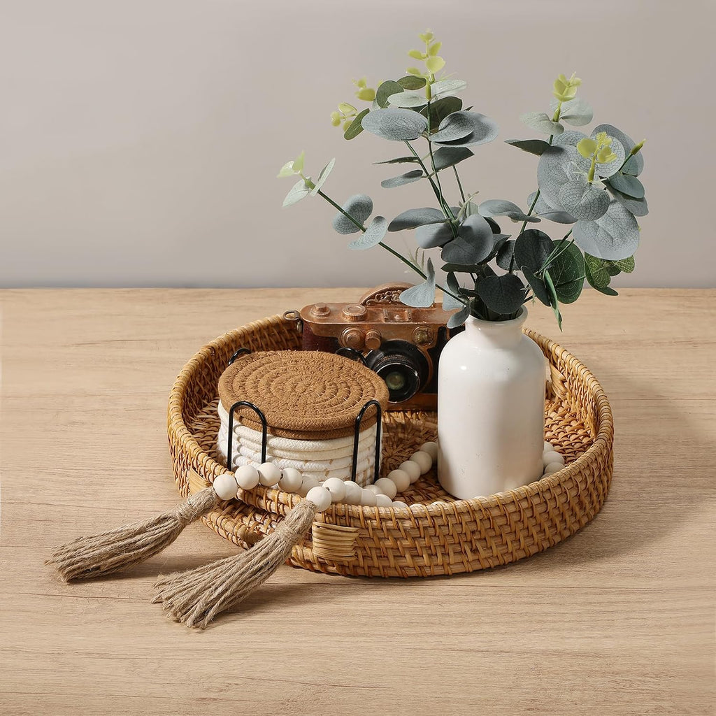 reallnaive 11.8" hand-woven round wicker tray circle rattan showing dimensions