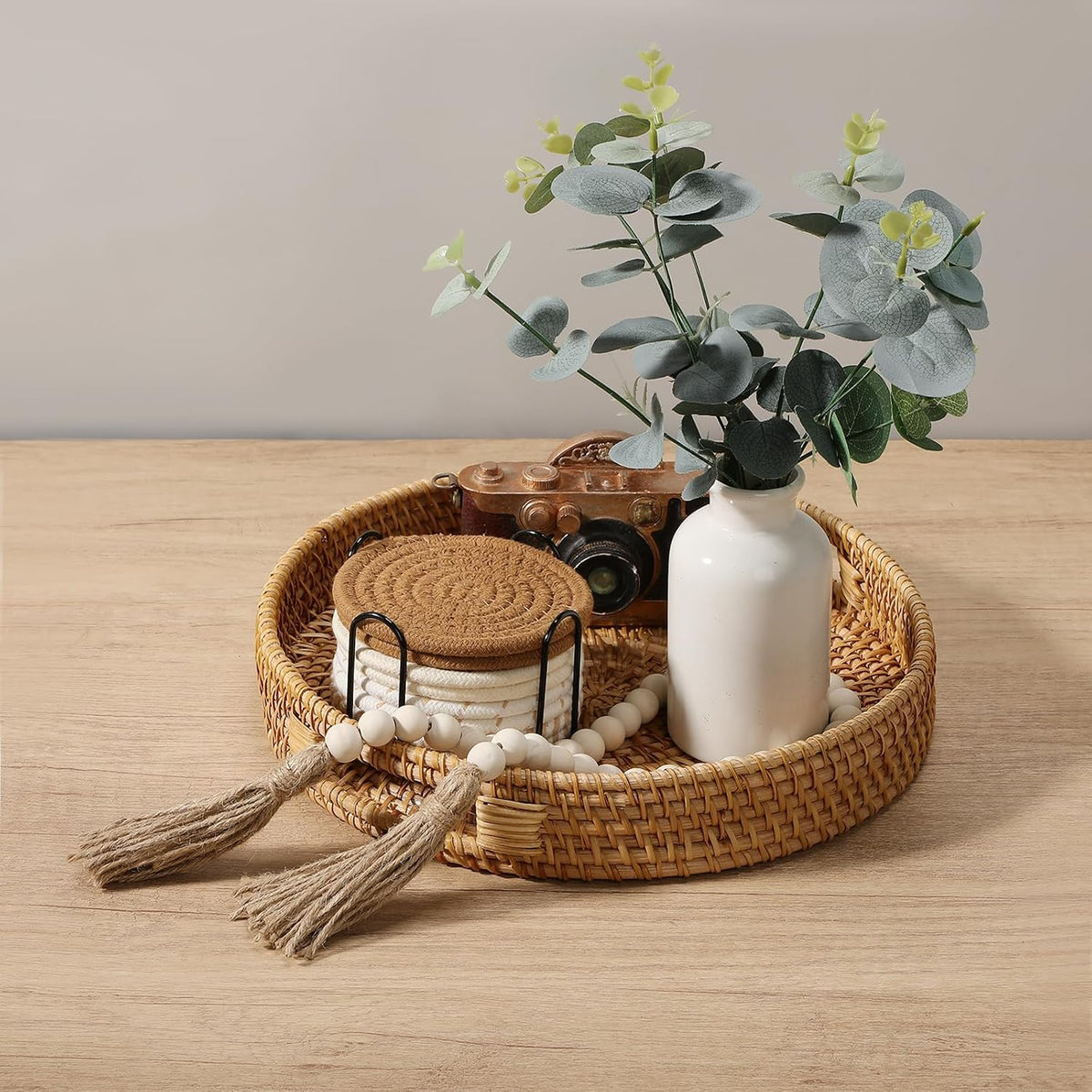reallnaive 11.8" hand-woven round wicker tray circle rattan showing dimensions
