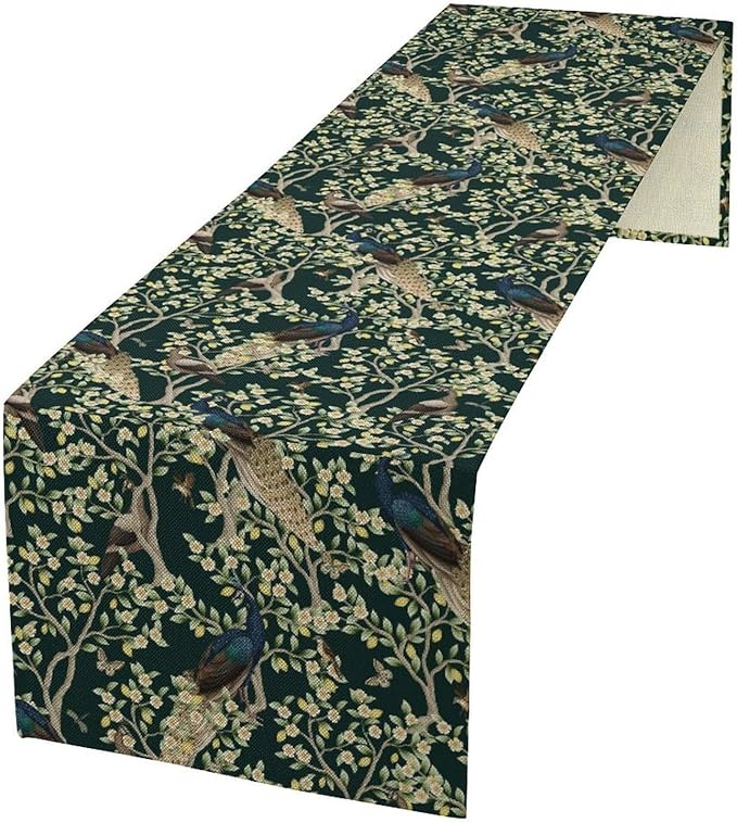 Peacock Table Runner,Retro Floral Plants Peacock Table Runner for Home Kitchen Dining Party Indoor Outdoor Decoration 13x60 Inch