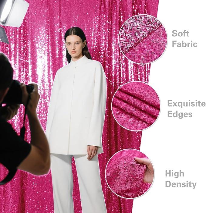 Fuchsia Sequin Backdrop Curtain 2 Pieces 2FTx8FT Glitter Photography Backdrop for Party Wedding Birthday Christmas Decorations