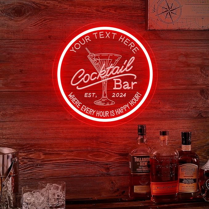 Personalized Cocktail Bar Neon Sign for Home Bar, Custom LED Neon Signs for Man Cave Pub Tavern Bistro Lounge Martini Wall Decor, Customized LED Light Up Signs for Men Dad Husband Gifts