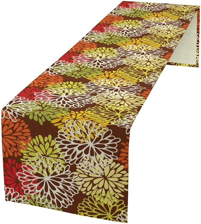 Brown Dahlia Floral Table Runner, Seasonal Autumn Thanksgiving Pattern Print for Home Kitchen Table Decor Dining Coffee Room Party Decor 13x90 Inch