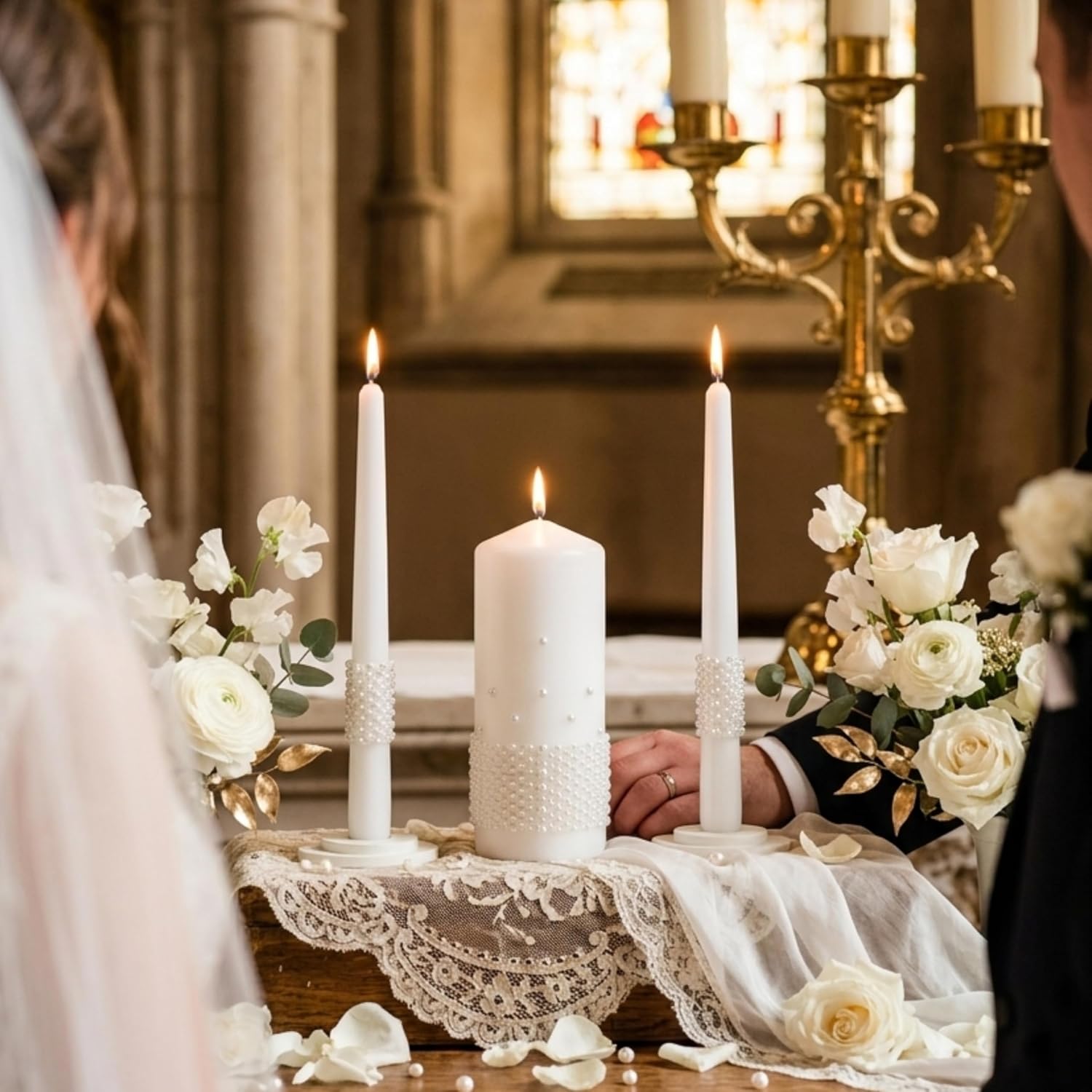 Unity Candle Set - Wedding Ceremony & Reception Candle– 6” Pillar & Two 10” Taper Candles – Long Burning Unity Candles for Marriage Ritual – Handmade in USA – White |Pearls| Luxury