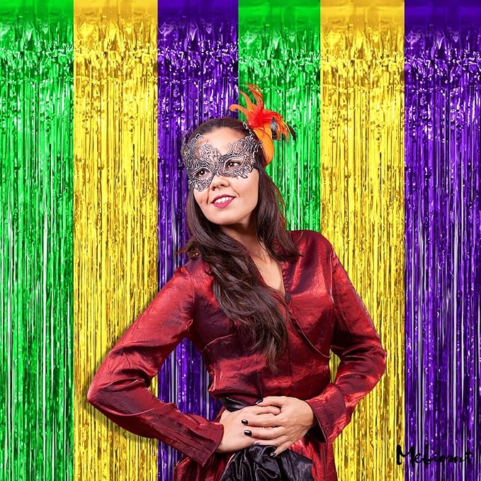 4 Pack 3.2Ft x 6.6Ft Mardi Gras Fringe Curtain Backdrop, Gold Green Purple Metallic Tinsel Foil Fringe Streamers Curtains Background for Photo Booth Birthday Wedding Carnival Party Decorations