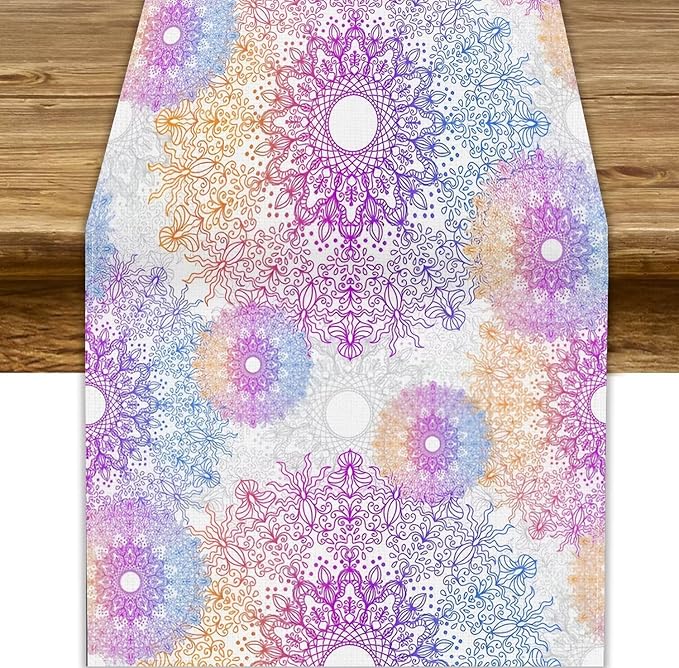 Oriental Mandala Table Runner, Traditional Bohemian Gradiently Purple Pink Blue Mandala Flower Table Runner for Farmhouse Cottage Kitchen Dining Table Decor, 13x108inch