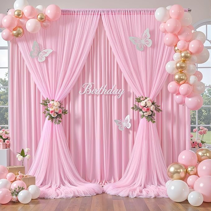Baby Pink Tulle Backdrop Curtain for Parties Wedding,5ft x 10ft Wrinkle Free Curtain Backdrop,2 Layer Drapes for Backdrop,Polyester Back Drop for Bridal Shower Birthday Baby Shower Photography