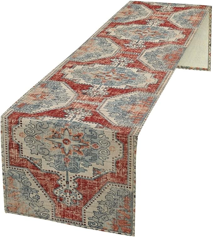 Boho Floral Vintage Table Runner, Retro Blue Red Flower Rustic Country Farmhouse Abstract Pattern for Home Kitchen Table Decor Dining Coffee Room Party Decor 13x120in