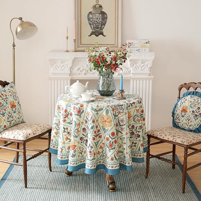 ISAENNE Designer Linen Elegant Small Round Tablecloth,Colorful Floral Bohemian Table Cloth,Wrinkle Resistant Decor Tablecloths for Dining Thanksgiving Kitchen Christmas,Diameter 55"-Floralsea A
