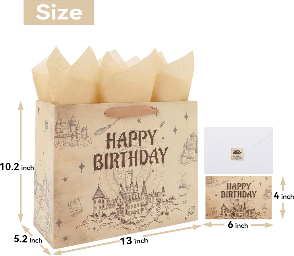 Qirrmiy 13” Large Magical Birthday Gift Bag Set with Handles, Greeting Card, Tissue Papers and Stickers for Boys Girls Teens for Baby, Kids‘ Birthday Party, 1 Pcs