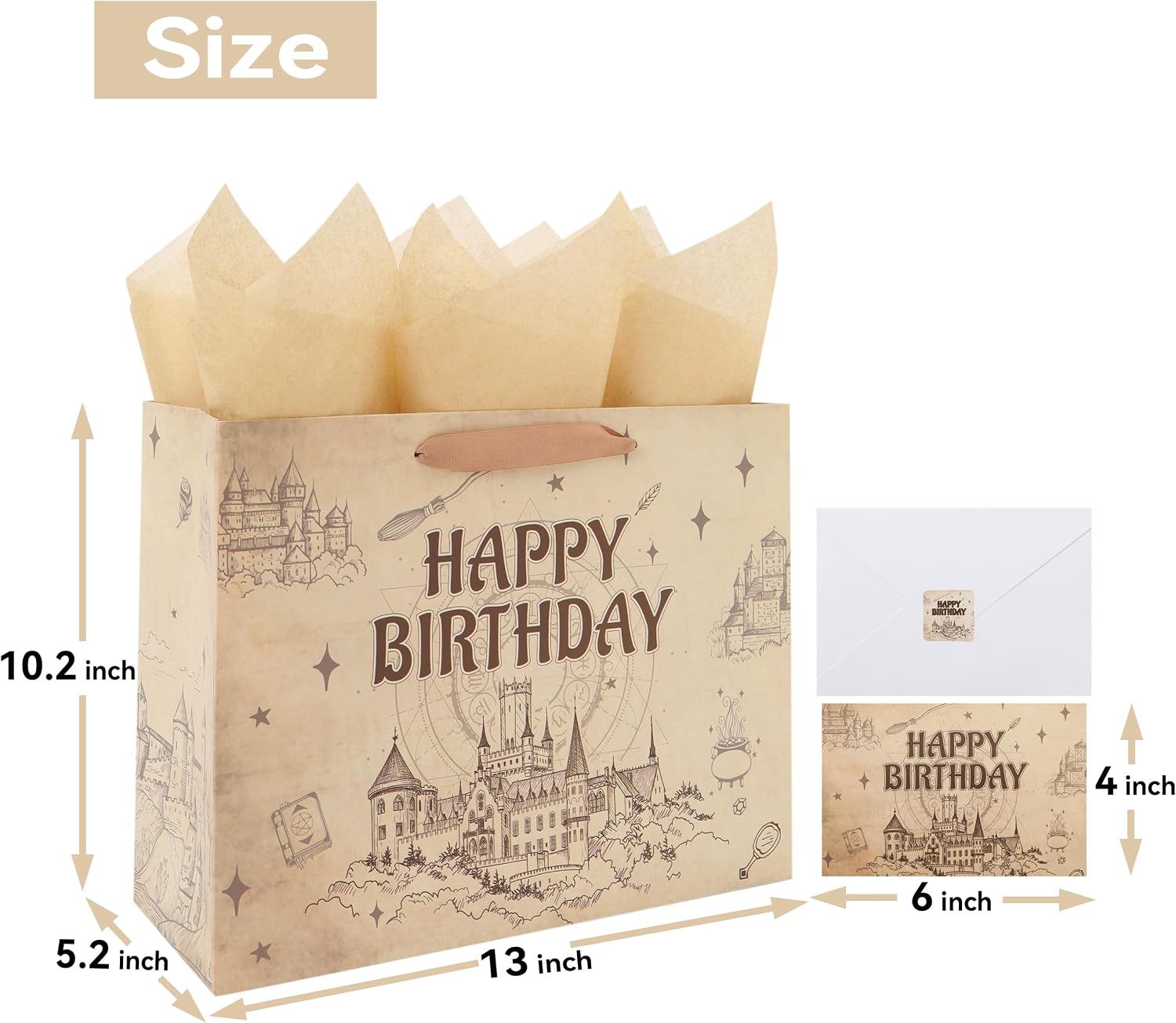 Qirrmiy 13” Large Magical Birthday Gift Bag Set with Handles, Greeting Card, Tissue Papers and Stickers for Boys Girls Teens for Baby, Kids‘ Birthday Party, 1 Pcs
