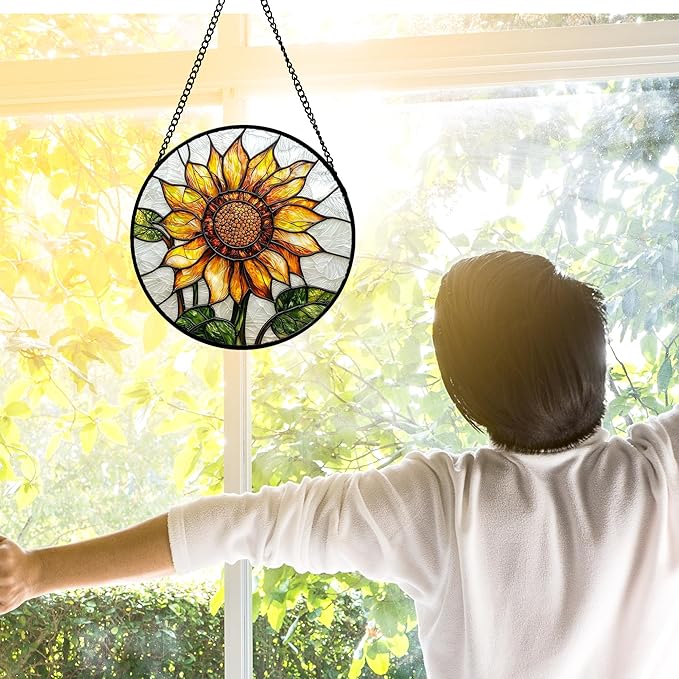 Stained Glass Window Hanging - Sunflower Flower Suncatcher Ready to Hang Window Doors Home Decoration and Christmas, Mother's Day Birthday Gifts for Women, Men, and Mom 11.8x11.8 in