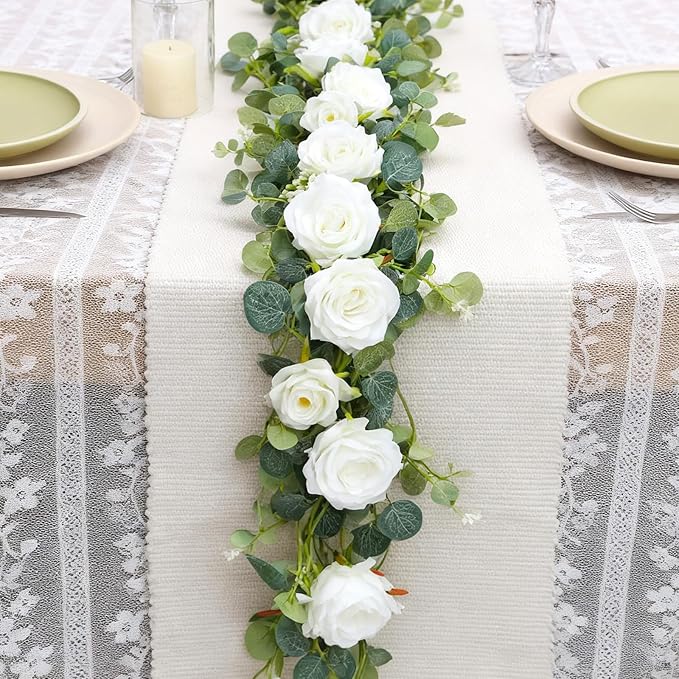6FT Artificial Eucalyptus Garland with 14 Fake White Rose Flowers - Floral Greenery Decoration Vine for Wedding Centerpieces, Table Runner, Backdrop, Arch Wall Decor,Indoor/Outdoor (2 PCS)