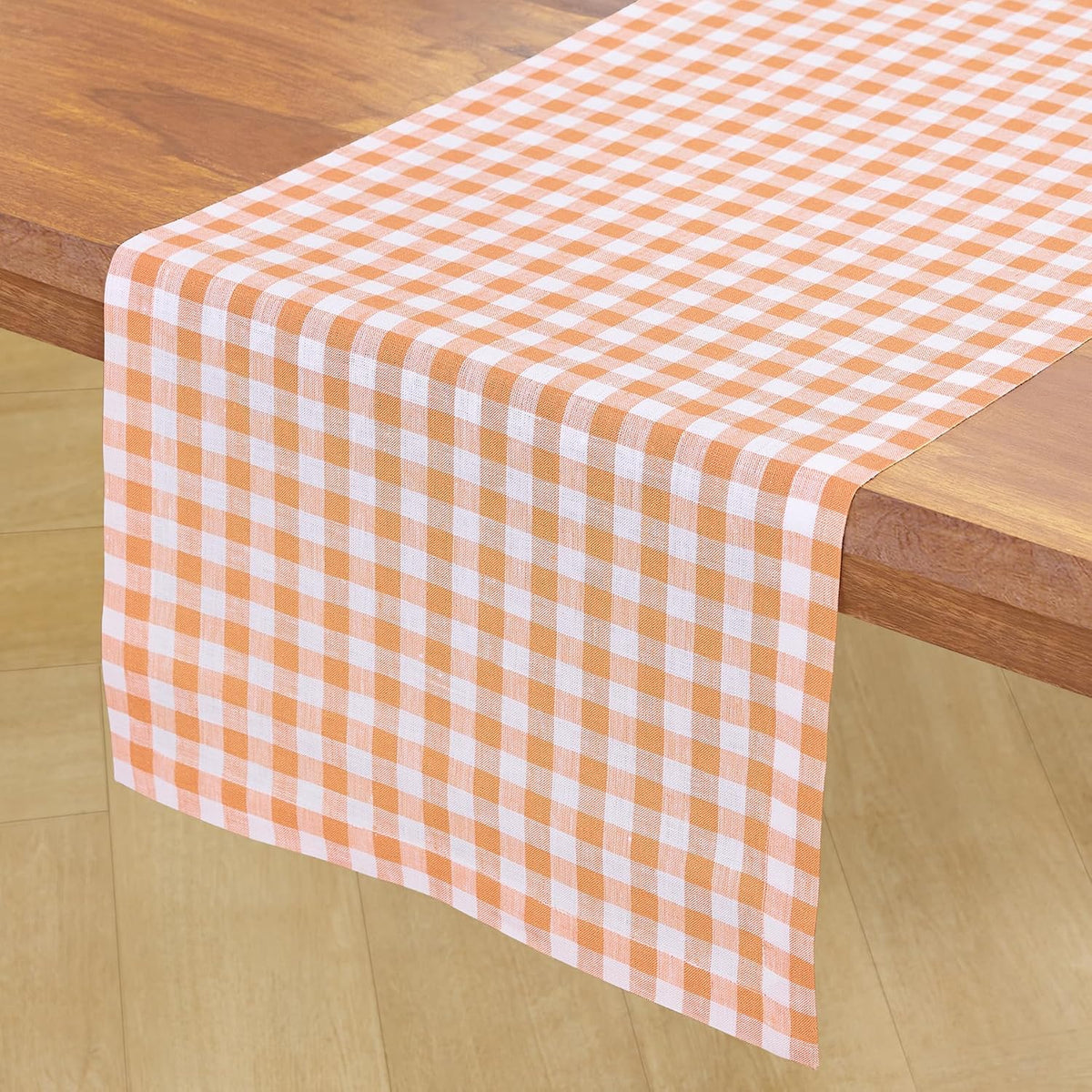 Solino Home 100% Pure Linen Table Runner Apricot, Gingham Check 14 x 90 in