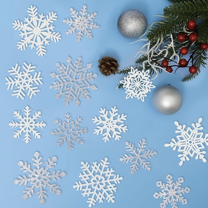 Winter Snowflake Cutouts Glitter Paper Snowflake Decorations - 100Pcs White and Silver Snow Flake Double-Side Christmas Cutouts for Holiday Winter Wonderland Bulletin Board, Frozen Party Decor