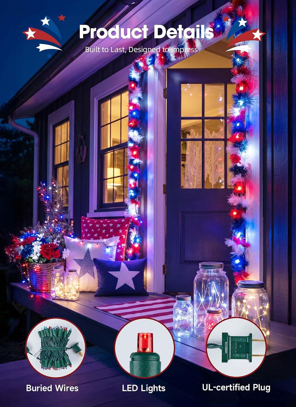 Brightown LED Red White Blue Mini String Lights, 26.5Ft 100LEDs F5 Lights for 4th of July Decorations, Connectable Lights for Indoor Outdoor Holiday Patio Independence Day Decor, 250th Anniversary