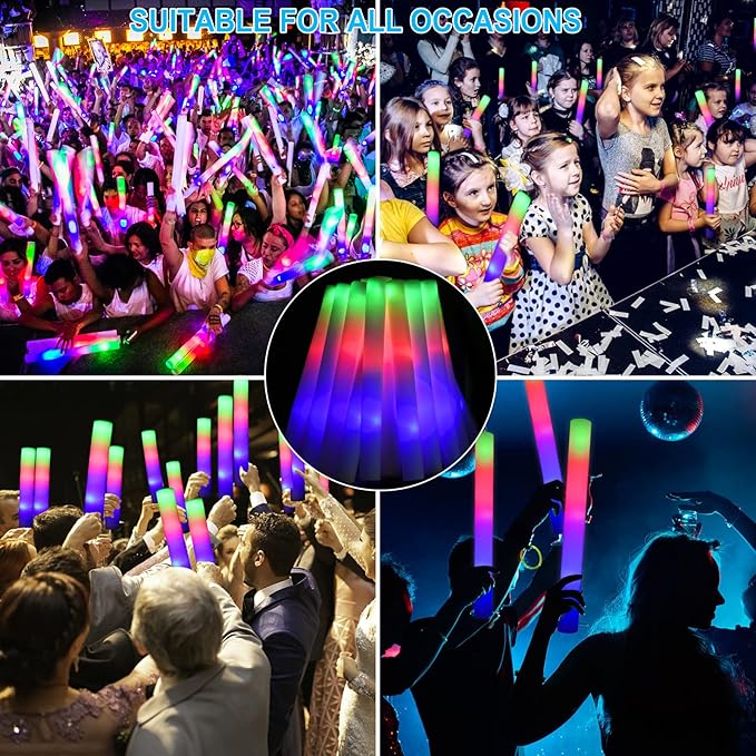 EXCECAR 70PCS Foam Glow Sticks, LED Light Up Foam Sticks with 3 Modes Flashing Changing, Glowing in The Dark for Event Party Wedding Halloween Christmas Concert Supplies