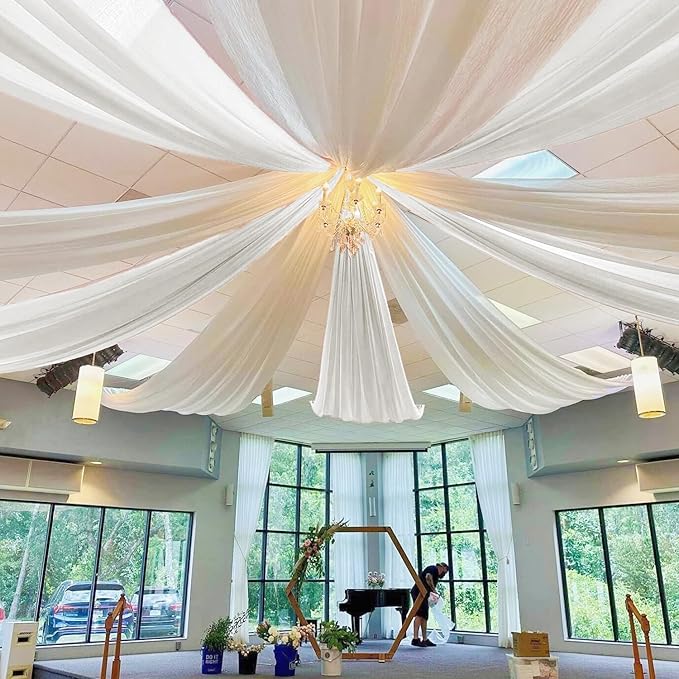 MODFUNS Ceiling Drapes for Weddings White Sheer Ceiling Draping 5x30ft 2 Panels Chiffon Ceiling Curtain Wedding Arch Draping Fabric Tulle Ceiling Drapery for Ceremony Arbor Party Stage Decoration