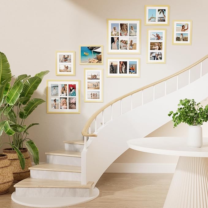 Vittanly 8x14 Picture Frames Collage, Displays 3Pcs 4x6 Pictures with Mat, Collage Picture Frame for Horizontal or Vertical Display, Gold, 1 Pack