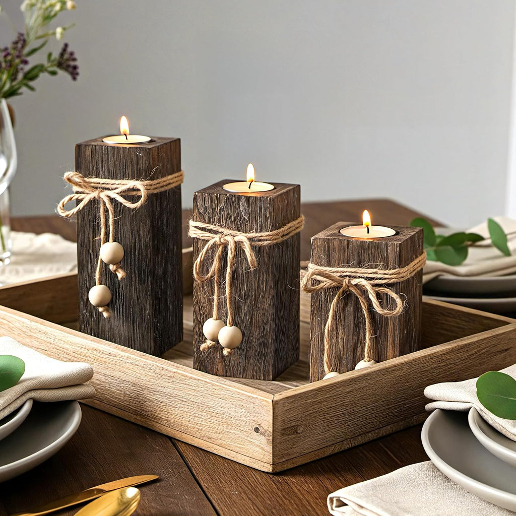 MelonBoat Rustic Wood Candle Holders: Farmhouse Candle Holders with Battery Operated Candles，Rustic Farmhouse Decor, Flameless LED Candles 3-Pack for Living Room Party Holiday Home Decor