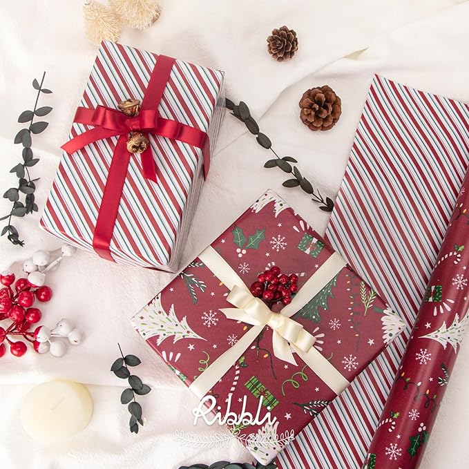 Ribbli Christmas Wrapping Paper Reversible Christmas Tree and Red Green Stripe Gift Wrapping Paper-17 Inch x 33 Feet