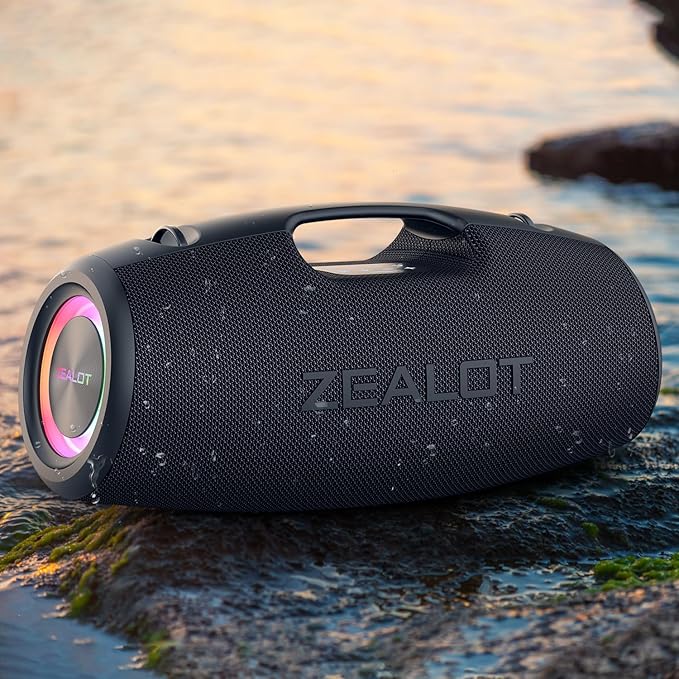 ZEALOT Bluetooth Speaker,120W Wireless Outdoor Speaker with Subwoofer,IP67 Waterproof with LED Light,Bluetooth 5.2 for Camping,Beach,Gifts(Black)