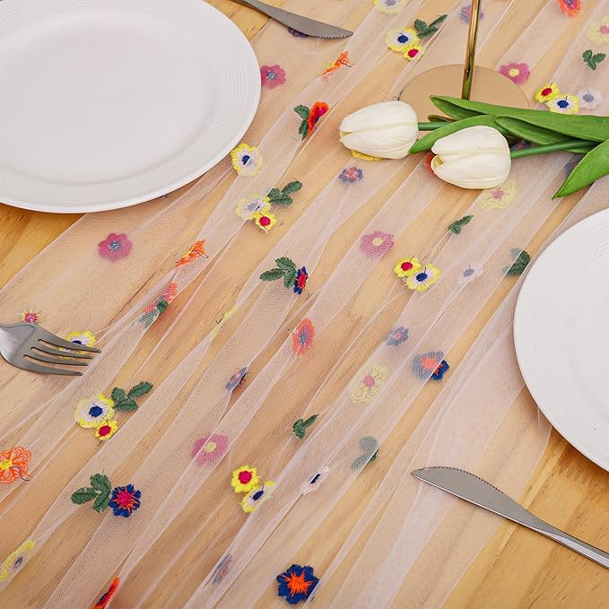 BINBE 3pcs Ivory Daisy Fall Table Runner Embroidery Gauze 10FT Florals Seasonal Tulle Holiday Birthday Kitchen Dining Table Decor for Home Party