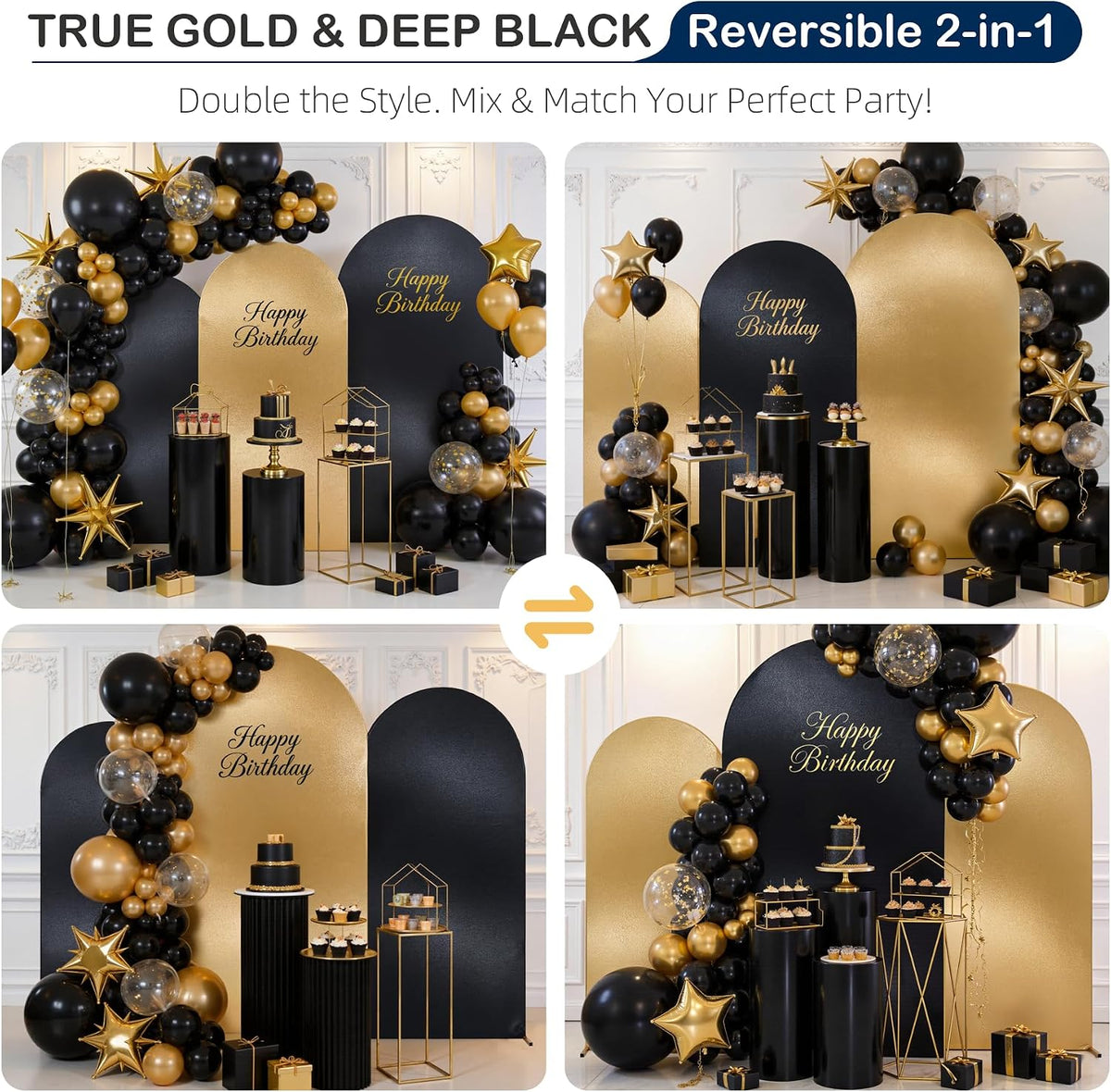 gold black glitter arch backdrop cover 3set (6 shown in use