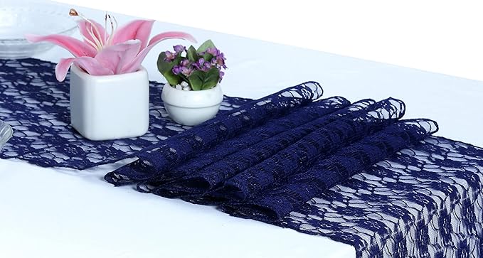 MDS Pack of 15 Wedding 12 x 108 inches Lace Table Runner for Wedding, Decorations for Birthday Parties, Banquets, Graduations, Engagements, and Runners fit Rectangle, Round Table- Navy Blue