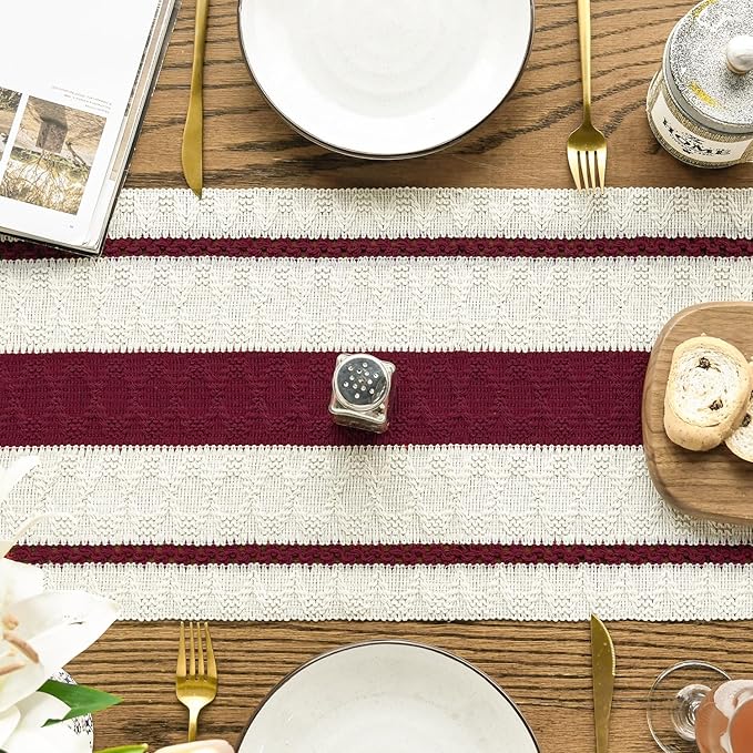 Artoid Mode Red Farmhouse Woven Rustic Table Runner, Seasonal Holiday Hollow Kitchen Dining Table Decoration for Home Party Decor 12x108 Inch