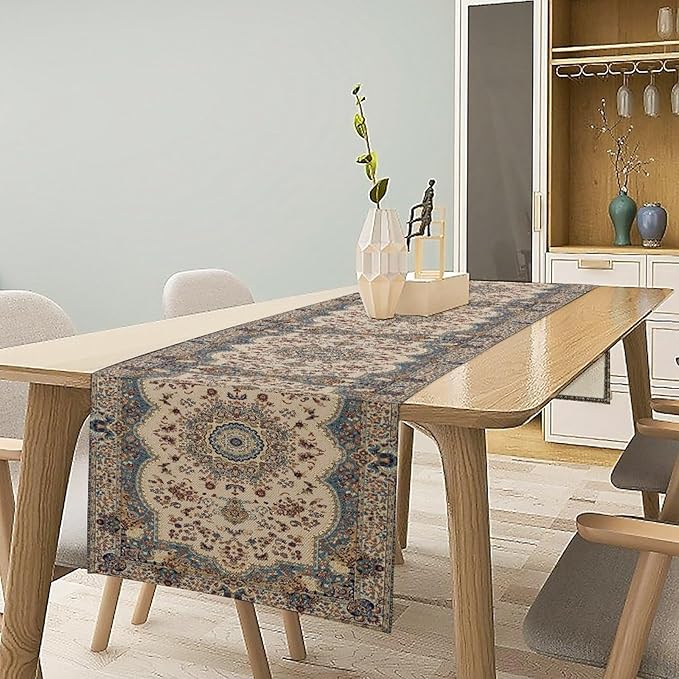 Boho Bohemia Style Table Runner, Vintage Blue Teal Gold Retro Flower Rustic Country Style Floral Print Pattern for Home Kitchen Table Decor Dining Coffee Room Garden Party Decor 13x36in
