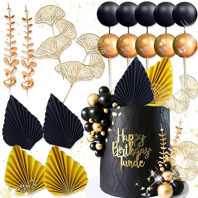 Boho Cake Topper Black Gold Ball Cake Top Man Cake Decorations Roar 1920s Cake Decorations for Baby Shower Party Decorations Wedding Anniversary Party Supplies