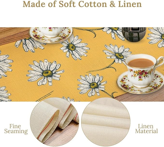 Farmhouse Floral Table Runner, Spring Seasonal Daisy Flower Retro Wooden Country Table Center Decor for Home Kitchen Dining Patio Holiday Party Indoor Outdoor Table Decorations, 13"x90" Inch