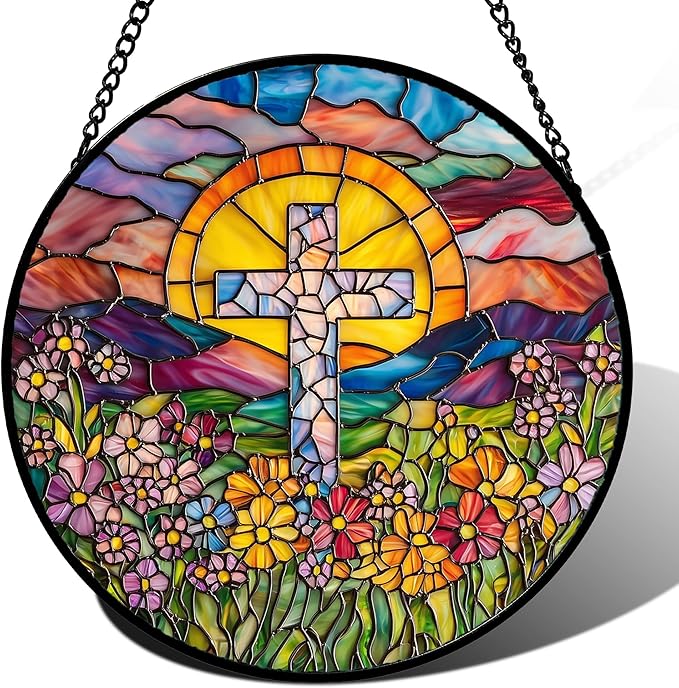 Stained Glass Window Hanging - Cross Flower Sea Sun Catcher for Door Terrace Garden Home Decor, Mountains Landscape Suncatcher Birthday Gifts for Lovers Women Men Dad Mom Nana 15 in