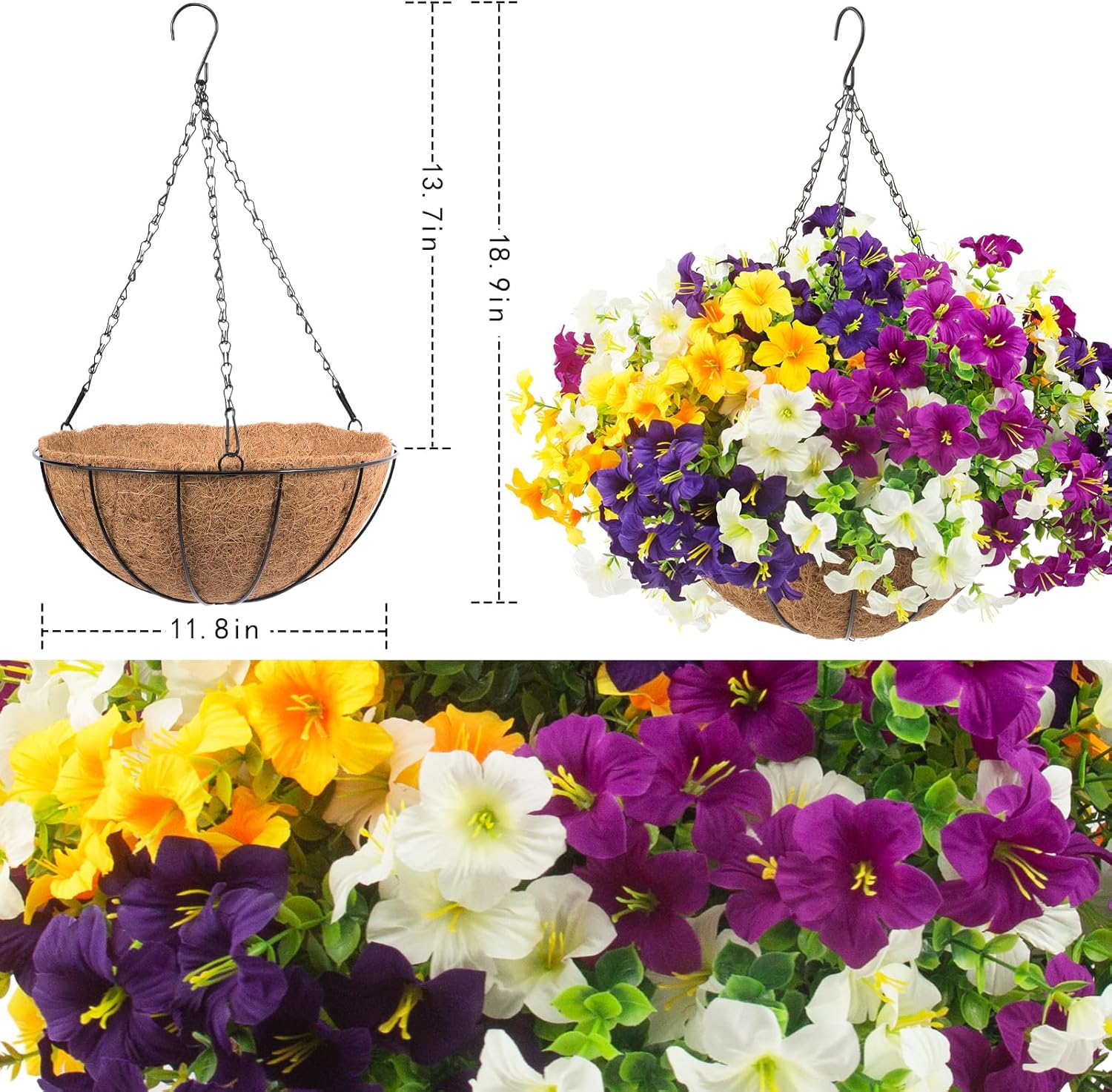 2 Set Artificial Outdoor Flowers with Hanging Baskets,24 Pcs UV Resistant Faux Petunias Flowers with Hanging Planter for Front Door Porch Spring Outside Decor (2, White,Yellow,Purple,RedViolet)