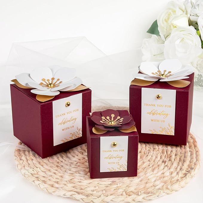FEIYI 20 PCS Burgundy Gift Boxes, 3 In 1 Favor Boxes with Floral Decor, White Thank You Tags Cupcake Containers Gift wrapping for Wedding, Baby Shower, Birthday, Decorations Party - 3.55x3.55x3.55