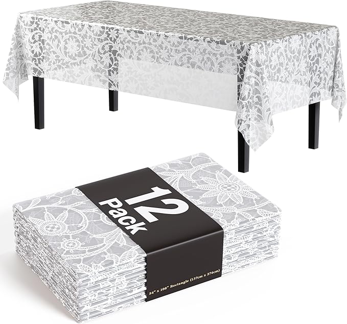 Exquisite Lace Table Cloth Rectangle Table Plastic 12-Pack Lace Tablecloth Rectangular 54" X 108" | White Floral Tablecloth Disposable | Wild Flower Party Decorations & Party Supplies