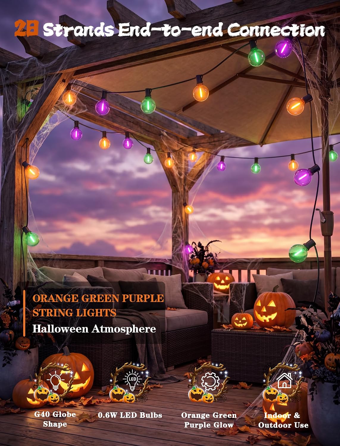 50FT Halloween String Lights with 25 G40 LED Orange Green Purple Bulbs