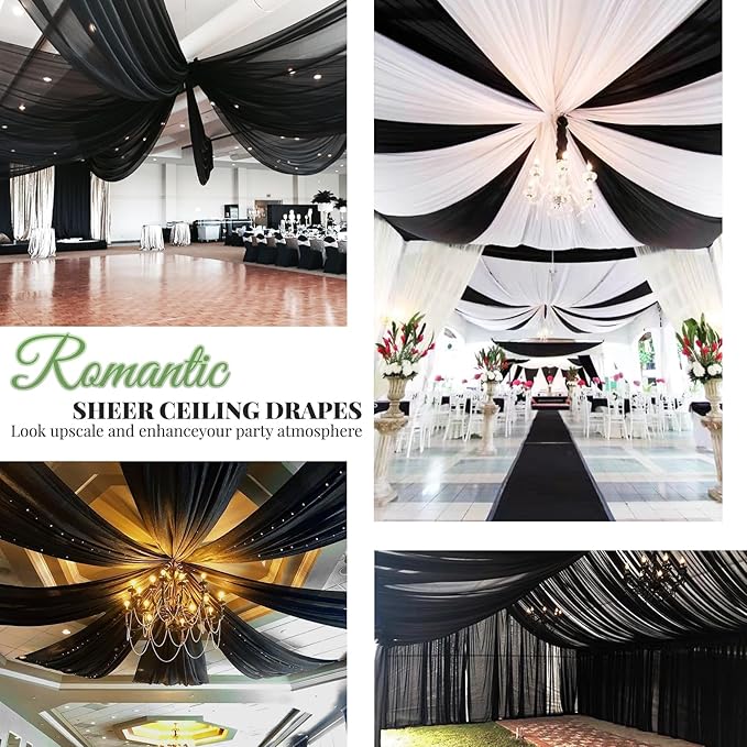 6 Panels Black Wedding Ceiling Drapes 5ftx30ft Ceiling Drapes Chiffon Fabric Arch Draping Sheer Curtains Soft Drapery Draping Wedding Ceiling Decorations for Party Ceremony Stage Swag
